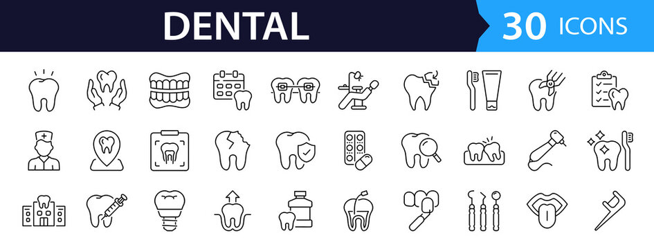 Dental Web Icon Set in Linear Style. Collection of dentistry, line icons, including tooth, implant, dentist, stomatology, smile, caries, braces, toothbrush, toothpaste and more. Editable stroke