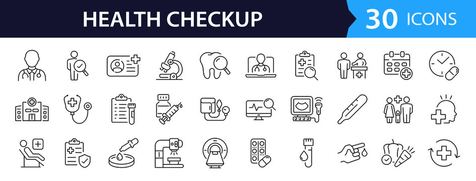 Health checkup Web Icon Set in Linear Style. Collection of medical check up, line icons, including healthcare, diagnosis, hospital, stethoscope, tests, health insurance, patient. Editable stroke