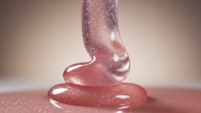 Video of glossy lip gloss drip with viscous shine texture in extreme close-up, luxury beauty cosmetic concept, skincare branding background, high-end makeup product aesthetic.