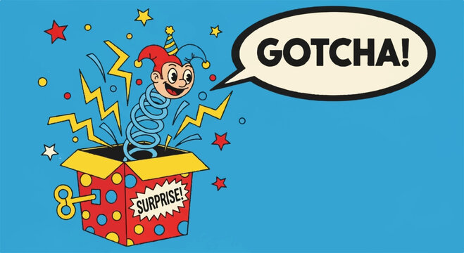 Surprised clown jumping out of colorful box with 'gotcha' speech bubble festive stars and zigzag lines on blue background
