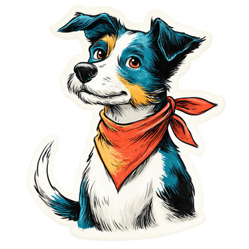 A charming dog illustration featuring a spunky blue and white dog wearing a stylish orange bandana.