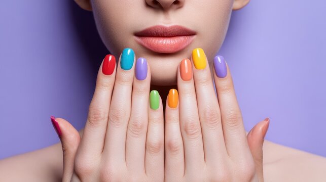 Close up of a woman showing her vibrant multi-colored fingernails in red, blue, purple, green, orange, and yellow shades against a purple background.
