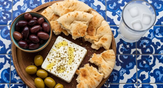 Traditional Greek food on table setting.
