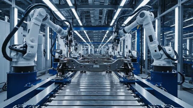 Video of car manufacturing line with vehicle chassis movement and robotic arms in action, automotive industry production, smart factory automation concept, modern engineering facility interior.