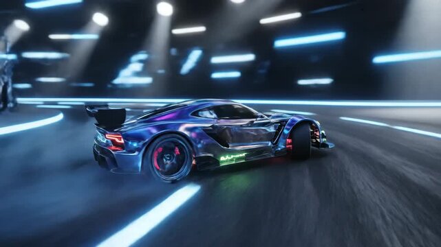 This video presents an abstract indoor track scene with a remote control car executing sharp drift turns, speed and agility concept, entertainment technology theme, and contemporary action visual.