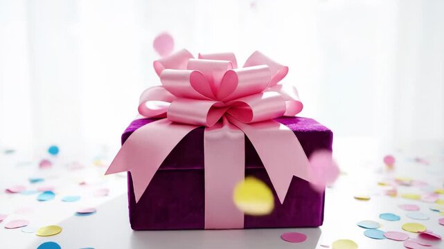 Minimalist celebratory scene featuring a purple gift box tied with a soft pink ribbon and oversized curled bow resting on a clean white plane, confetti suspended mid-air as if frozen in time, subtle