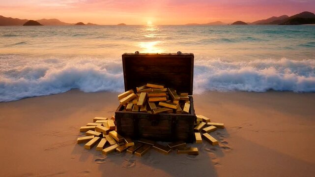 A treasure chest overflowing with gold bars on a serene beach at sunset, inviting a sense of adventure.
