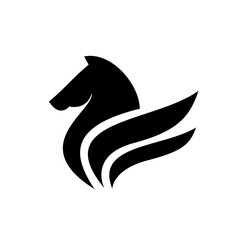 Obraz premium Black Stylized Pegasus Horse Head Logo Design on White Background