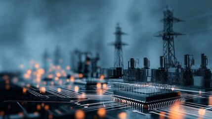 Fototapeta premium AI-era computing chips rely on critical infrastructure, especially power plants and energy storage, as their operation consumes massive electricity for processing.