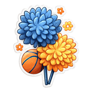 A vibrant illustration of blue and orange pom poms paired with a basketball, celebrating team spirit and sports.