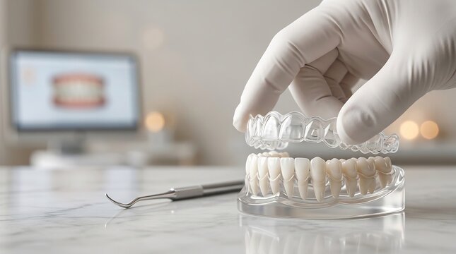 Dentist handling clear dental aligner and teeth model for orthodontic treatment in a clinic