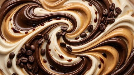 Chocolate and cream swirl with coffee beans, abstract dessert background