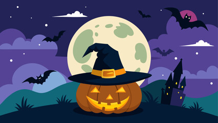 Halloween background with jack-o-lantern, witch hat, bats and full moon © Rana Islam