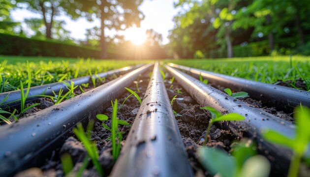 Detailed underground view of irrigation pipes branching beneath lawn during sunset