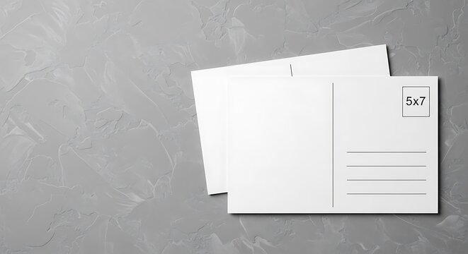 Two blank white postcards, one atop another, on textured gray background