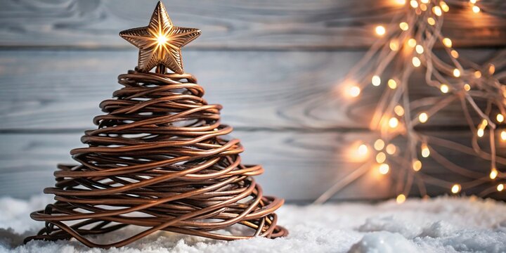 Copper wire Christmas tree with star on snowy surface