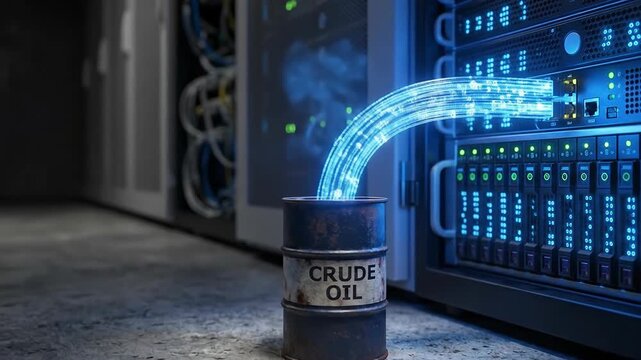 Digital crude oil data ai geopolitics environmental energy concept metaphor with data center server room barrel connection and ai data flow across