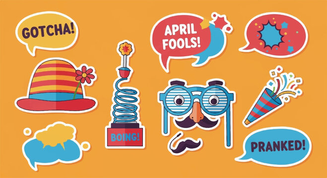 Colorful april fools' day stickers and prank icons on orange background with humorous phrases