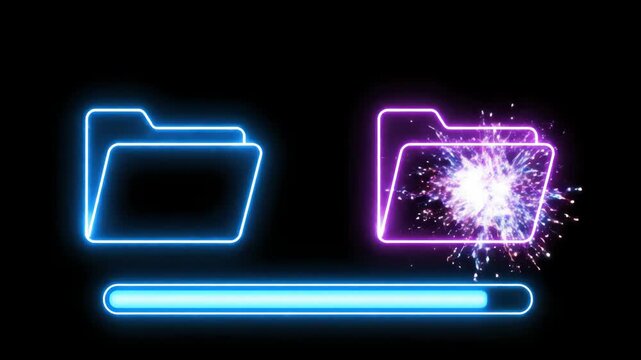 Neon-lit folder icons glowing brightly on black background with one exploding in sparks.