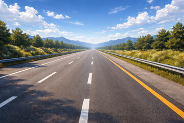 Obraz premium A wide highway stretches through a scenic landscape under a blue sky.