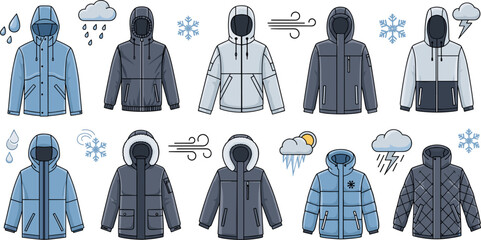 Winter Weather Jacket Collection Vector Set Featuring Waterproof Parkas, Hooded Coats, Puffer Jackets and Cold Season Outerwear with Snow Rain Wind Icons © Salina