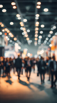 Arte abstracto de una feria profesional animada con multitud en movimiento e iluminaci&oacute;n c&aacute;lida	