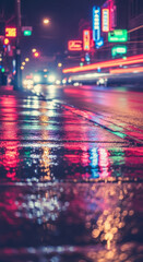 Fototapeta premium Vehicle headlights create long light trails on a wet city street reflecting vibrant neon signs at night.