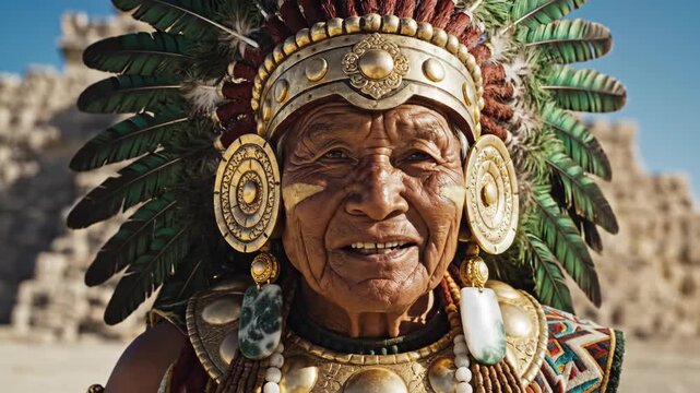 Indigenous man wearing traditional Aztec emperor attire with headdress and gold jewelry. Historic tribal leader standing in front of ancient pyramid monument ruins.