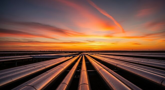 Complex network of oil and gas pipelines at industrial facility at sunset. Mix of nature and industry. Ecology and environmental issues. Transportation of natural gas, crude oil or refined products