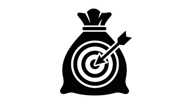 A bold black vector image of a money sack featuring a bullseye target and an arrow hitting the center for financial goal success.