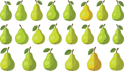 Obraz premium Green pear fruit collection with different shapes and shades. Fresh organic pears icon set for healthy food, grocery, dessert and natural fruit design.