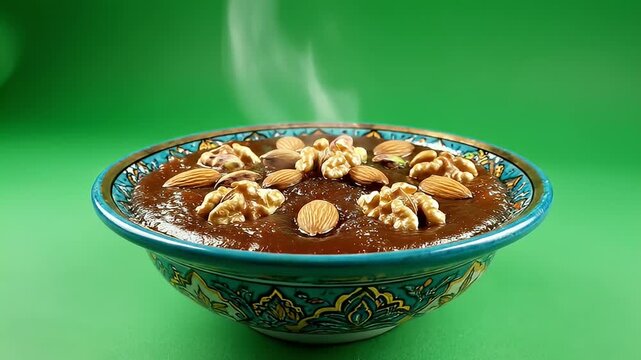 Steaming bowl of traditional halva dessert with nuts on green background.