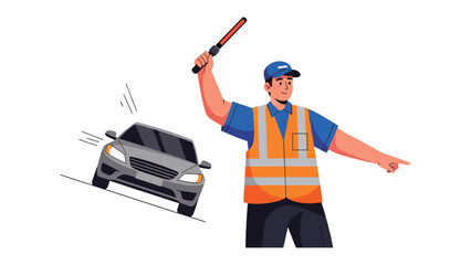 Fototapeta premium Traffic Controller Directing Vehicle: A diligent traffic controller, clad in a safety vest and cap, skillfully directs a car with a clear signal, ensuring smooth and safe traffic flow.