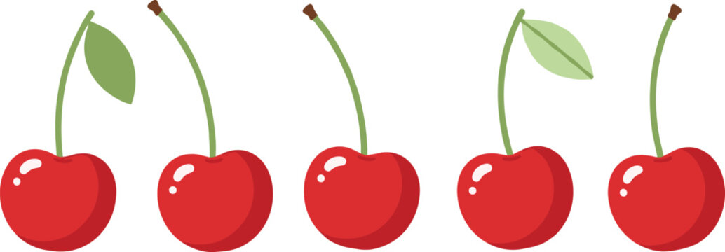 Red cherry fruit icons with stems and leaves. Fresh sweet cherries illustration set isolated. Organic summer berry graphics for dessert, grocery and healthy food design.
