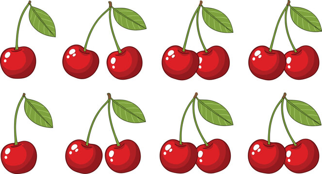 Fresh cherry fruit icon collection with green leaves. Sweet red cherries set isolated. Organic summer berry illustrations for dessert, grocery and healthy food design.