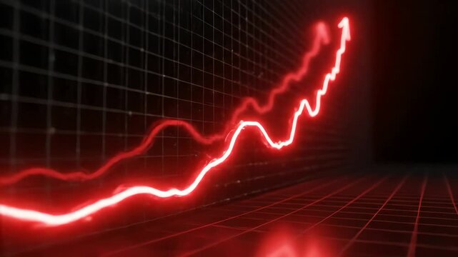 A glowing red line graph rises sharply on a dark grid background with increasing trend lines.