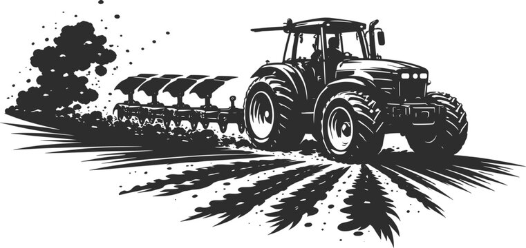 Farm Tractor Plowing Field Illustration, Agriculture Plow Machine Line Art Vector.