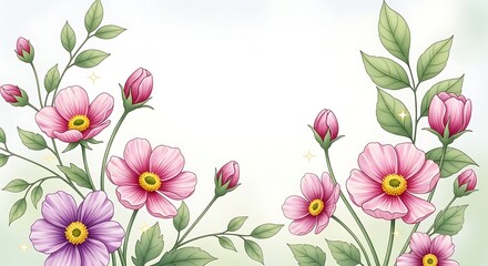 Watercolor illustration showcasing blossoming pink and purple flowers with green leaves