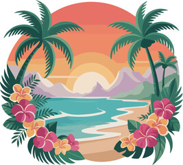 Obraz premium Tropical beach with palm trees on a sunny island by the sea vector illustration