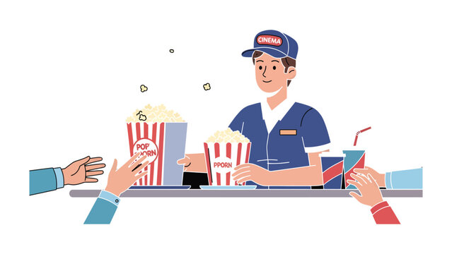 Movie Theater Concession: A friendly attendant at a movie theater concession stand serves fresh popcorn and refreshing drinks, creating a welcoming atmosphere for moviegoers.