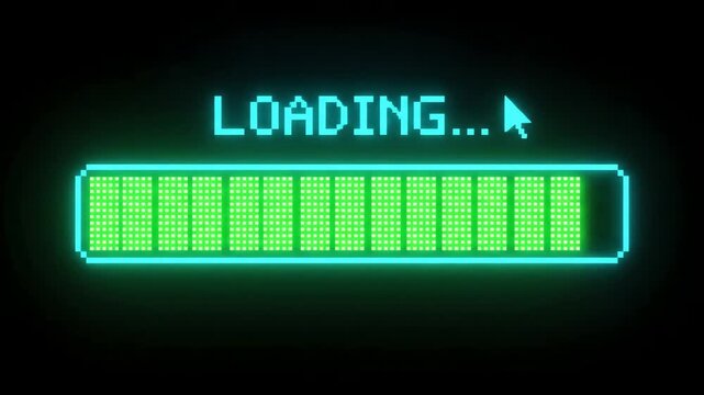 A futuristic neon loading bar with green glowing rectangles and blue text appears on a black screen.