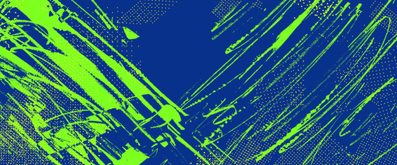 Dynamic sport background with abstract brush strokes and grunge texture. Energetic design featuring ink splatter effects and vibrant sporty elements for modern athletic posters. Vector blue green bg. © Syuzann q