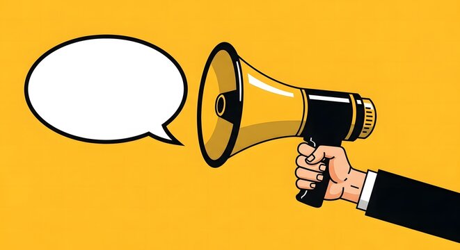 A hand holding a megaphone with a speech bubble on a yellow background