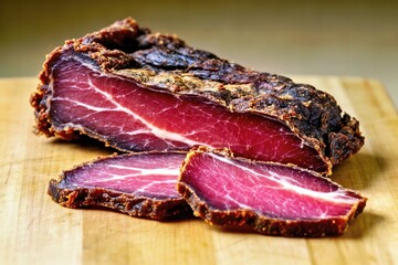 Fototapeta premium Close-up of authentic South African biltong, a traditional cured dried beef snack, displayed beautifully on a rustic wooden cutting board surface.
