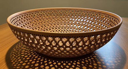 A decorative wooden bowl featuring an intricate laser cut geometric lattice pattern design