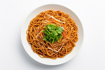 Deliciously Prepared Asian Noodle Dish with Garnish, Highlighting Authentic Culinary Artistry and Savory Flavor in a Minimalist Presentation.