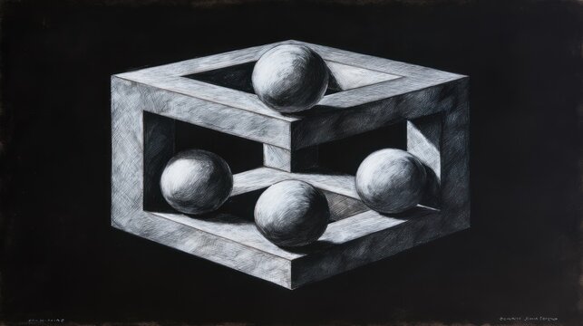 Monochrome artwork featuring an impossible cube with spheres, set against a dark background