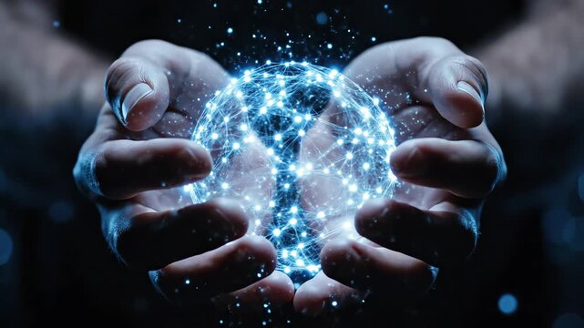 A person holds a glowing blue question mark made of light particles in their cupped hands in darkness.