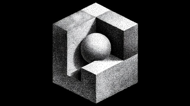 Black and white isometric depiction of a sphere within an illusory cube