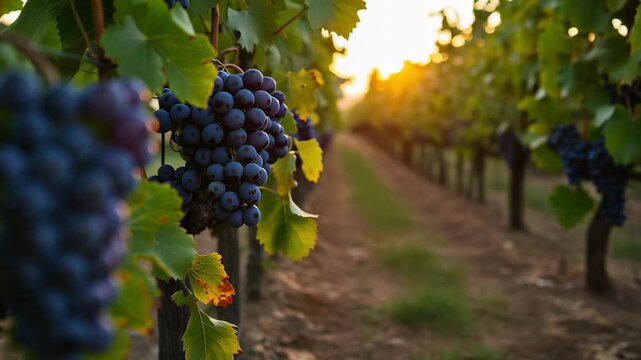 Bunch of dark blue grapes hanging on vine in vineyard at sunset. Ripe fruit glowing in golden hour light. Agriculture and viticulture harvest season concept.